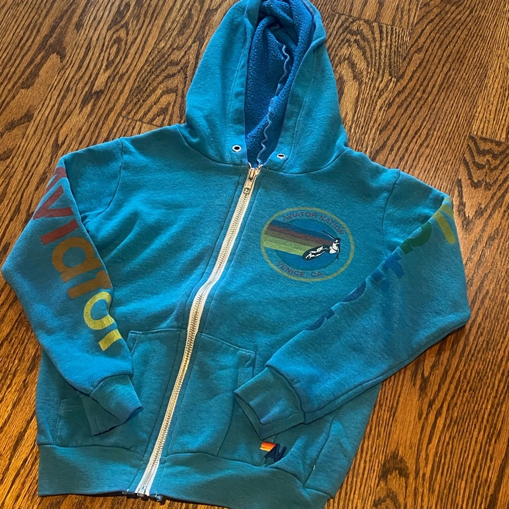 Aviator Nation Blue Kids Hoodie with Rainbow Accents